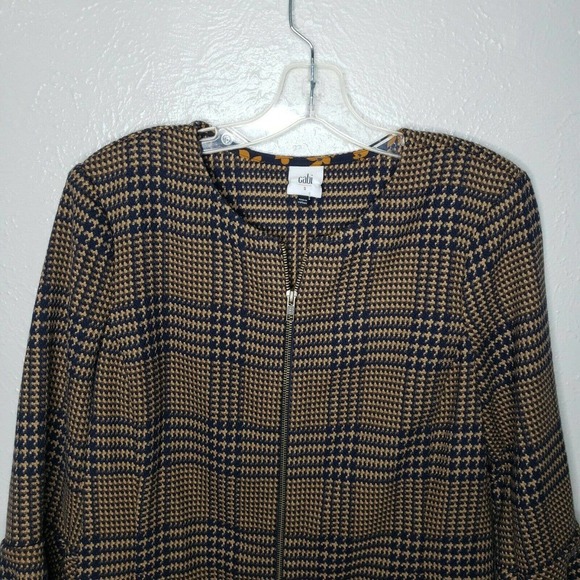 Cabi Flounce Jacket #3902 Tan Brown Navy Tartan Plaid womens sz sm plaid flare - Picture 3 of 9